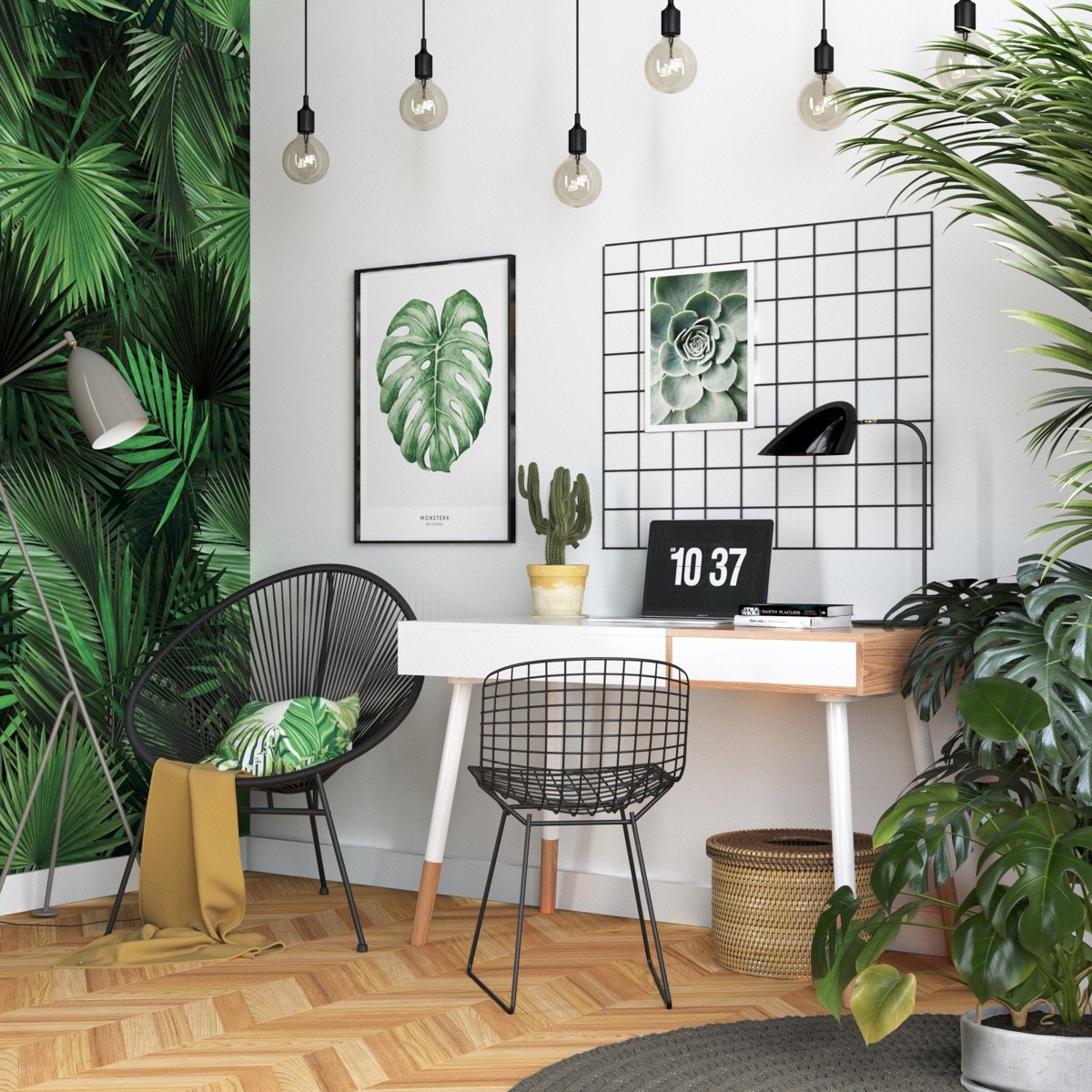 Home office with plants information